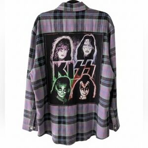 KISS BAND NEW Flannel Plaid Shirt Upcycled Hand Crafted 1XL